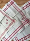 4 Antique French Homespun Linen Kitchen Towels Torchon Red Stripe Mono  3