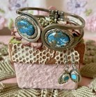 Vintage  Turquoise Hinged Bracelet And Sterling Silver Bear Paw Earrings Set 