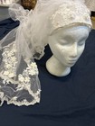  8156 Vtg White Wedding Double Veil With Pearls Lace Headpiece Long Train 80 In