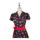 Unique Vintage Strawberry Print True Wrap Dress Black Red Pinup Rockabilly S