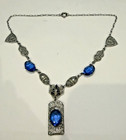 Art Deco Rhodium Plated Filigree Blue Czech Glass Necklace 