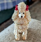 White Poodle Bejeweled   Enameled Hinged Trinket Box Faux Pearls Heavy