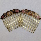 Two Vintage Cloisonne Hair Combs Red Pink Enamel Floral Butterfly Design