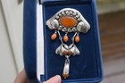 Natural Amber Antique Silver Brooch From Denmark1893-1937 Art Nouveau Big 32g