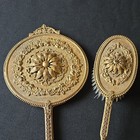 Antique Vanity Set Brass  Filigree Mirror   Brush Fancy Embossed Patinated