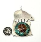 Navajo Sterling Silver Handmade Southwestern Pendant Turquoise Bear Sunface