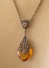 Vintage Necklace Art Nouveau Lavalier Pendant Amber Topaz Antique Czech Glass