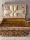 Vtg 60   s-70   s Sewing Basket Wicker With Floral Velour Top  Inside Tray Euc
