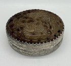 Vtg Chinese Carved Brown Nephrite Jade Box Mandarin Ducks Lotus Mirror 3 5   