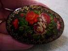 3 Vintage Russian Lacquer Brooch  Hand Painted Floral Black Multi Color