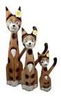 Balinese Wood Handicrafts Large Floral Feline Cat Family Set Of 3 Figurines