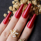 Skinny Long Coffin  scarlet Red  Full Cover 24 Nail Tips Press On Glue Set 