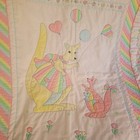 Vtg 80s Handmade Kangaroo Pastel Rainbow Baby Blanket Quilt Eyelet Ruffle 41x50