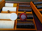 Vintage Travel  Poker Chip Set Red yellow white In Leather Case Pull Out Racks