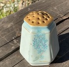 Vtg Antique Porcelain Hexagonal Hatpin Holder Blue Hand Painted Floral Gold Top