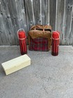 Vintage Thermos King Seeley Picnic Set 2 Metal Thermos Sandwich Box Plaid Bag 