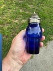 Antique Cobalt Blue Pewter Condiment  cruet Bottle Very Rare Old Victorian Glass