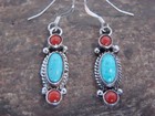Native American Sterling Silver Turquoise   Coral Dangle Earrings By Betone