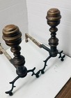 Early American Fireplace Patined Brass Andirons 19th Century 1830s Wrought Iron