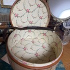 French Antique Round Box Sewing   Storage Handled Floral Lining