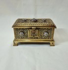 Attractive French Brass Trinket Box   Casket With Lovely Champleve Enamel Bosses