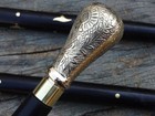 Antique Brass Art Knob Head Handle Black Wooden Inlay Walking Stick