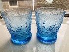 1980 s Mid Mod Blue Texture Leaf Dot Whiskey Glass Hocking Amanda Barware Rare-2