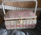 Vintage Sewing Basket   Contents Included   Pink Floral  Padded Top Tlc   Nice  