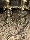 Pair Antique Hollywood Regency Style Ornate Gold Cast Brass  Candlestick Holders