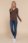 Womens V-neck Cotton Stretch Long Sleeve T-shirt Plain Fitted Layering