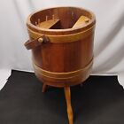 Antique Vintage 1960s Oak Wood Banded Large Round Sewing Firkin Basket Bucket 
