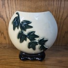 Pair Vtg Royal Copley Ceramic Planters  Cream W green Vines    Black Footed Base