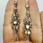Vtg Art Deco Long Silvertone Filigree Rhinestone Dangle Earrings Screwback