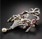 Lab-created 3ct Baguette Ruby Flower Basket Brooch 14k Yellow Gold Silver Plated