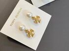 Tory Burch Vintage Style Pearl Double T Drop Lady Earrings Gold Plated Nice Gift