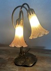 Vintage 15  Brass Lily Pad Base W  3 Tulip Shade Lamp Light
