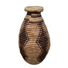 Vintage Hand Woven Coiled Basket Vase With Lid Brown Geometric Tribal 12 5 Inch
