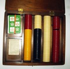 Vintage Wooden Poker Chip Set In Hardwood Case With 2 Card Decks And Poker Mat