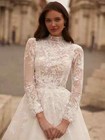 A-line Long Wedding Dress Modest High Collar Bride Appliques Flower Bridal Gown