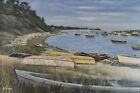 G  Robert  Vtg  Original Painting  Marine Inlet Landscape  Boat Harbor   29 x41 