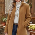 Fleece Zip-up Jacket Women s Stand Collar Solid Color Loose Fit Casual Long Slee