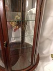 Vintage Curved Glass Wood Curio Case With Glass Shelves   Mirrored Back 22    