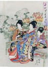 Chikanobu Antique Orig Japanese Triptych Woodblock Print- Viewing Chrysanthemums