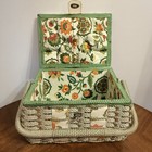 Vintage Japan Wicker Sewing Basket Silver Green Floral Lined Box 2561 Nwot
