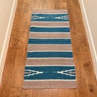 Vintage Mexican Saddle Blanket 58x28 Saltillo Serape Teal Tan Boho Rug Acrylic