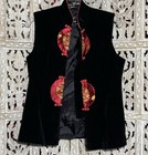 Vintage Traditional Chinese Black Velvet Vest Satin Lining Embroidered Medallion
