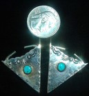 Vintage Ladies Hand Stamped  Sterling Silver   Turquoise Navajo Collar Tabs 