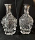 Pair 19th Century Intaglio Cut Wine Decanters  With 1923 London Silver Collars
