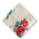 Antique Midcentury Pink   Green Rose Floral Silk Linen Scalloped Handkerchief