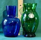Cobalt Blue   Forest Green Pair Vases Anchor Glass Original Sticker Vtg 6 1 2 